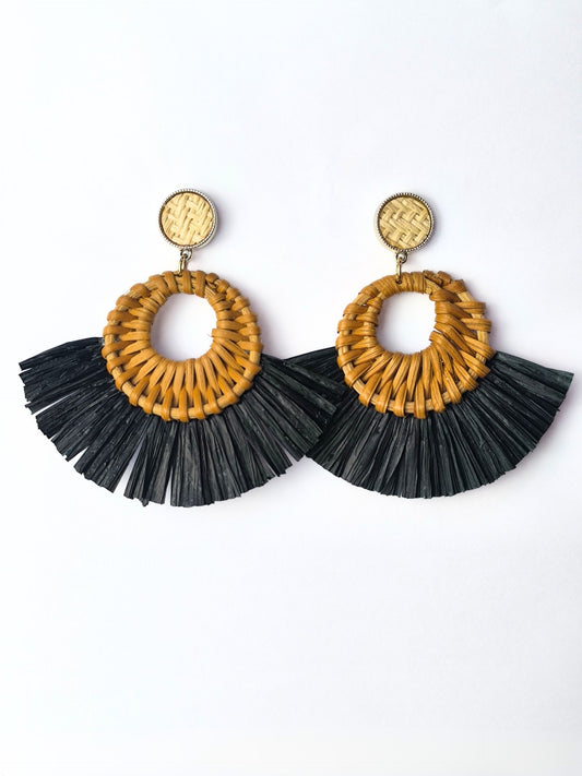 Deadstock Raffia Fan Earrings – Boho Rattan Statement