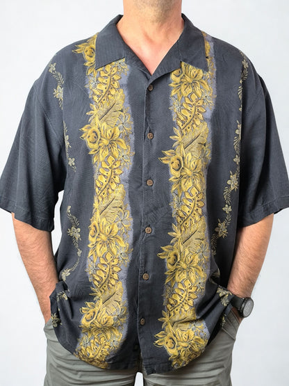 Tommy Bahama 100% Silk Hawaiian Shirt – Black & Yellow Floral Print