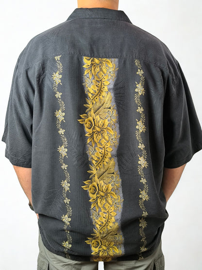 Tommy Bahama 100% Silk Hawaiian Shirt – Black & Yellow Floral Print
