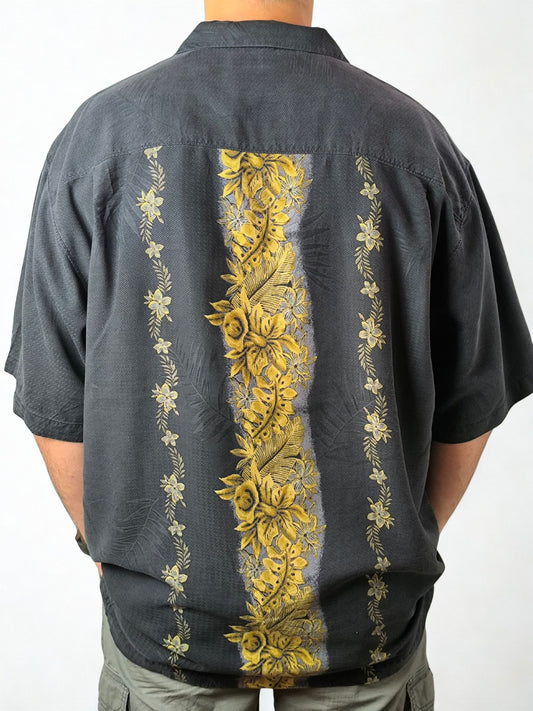 Tommy Bahama 100% Silk Hawaiian Shirt – Black & Yellow Floral Print
