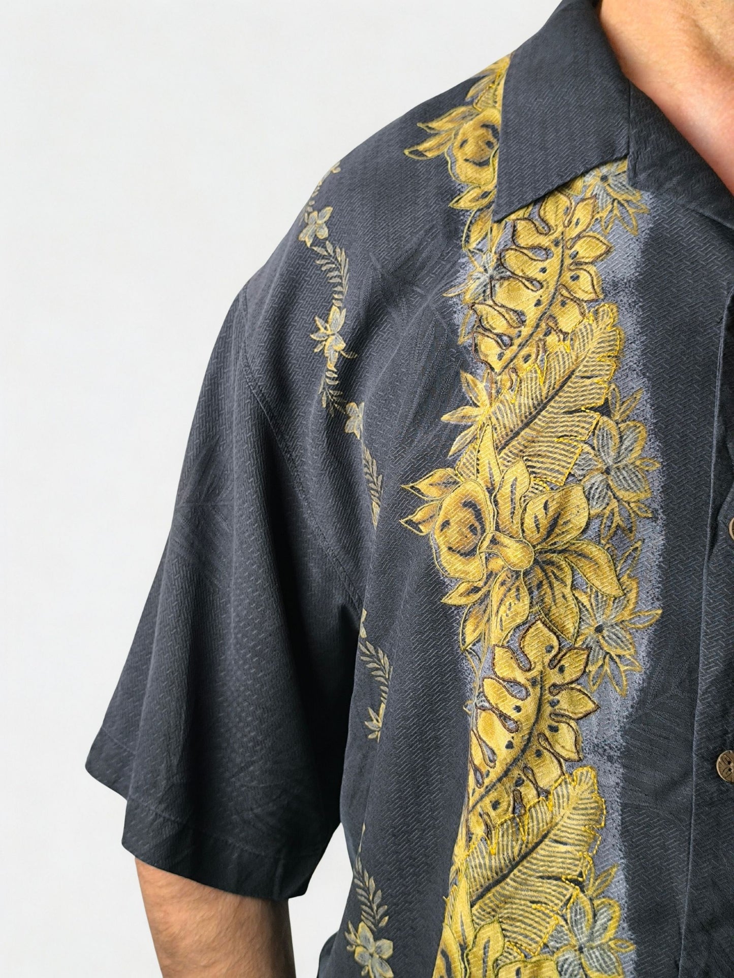 Tommy Bahama 100% Silk Hawaiian Shirt – Black & Yellow Floral Print