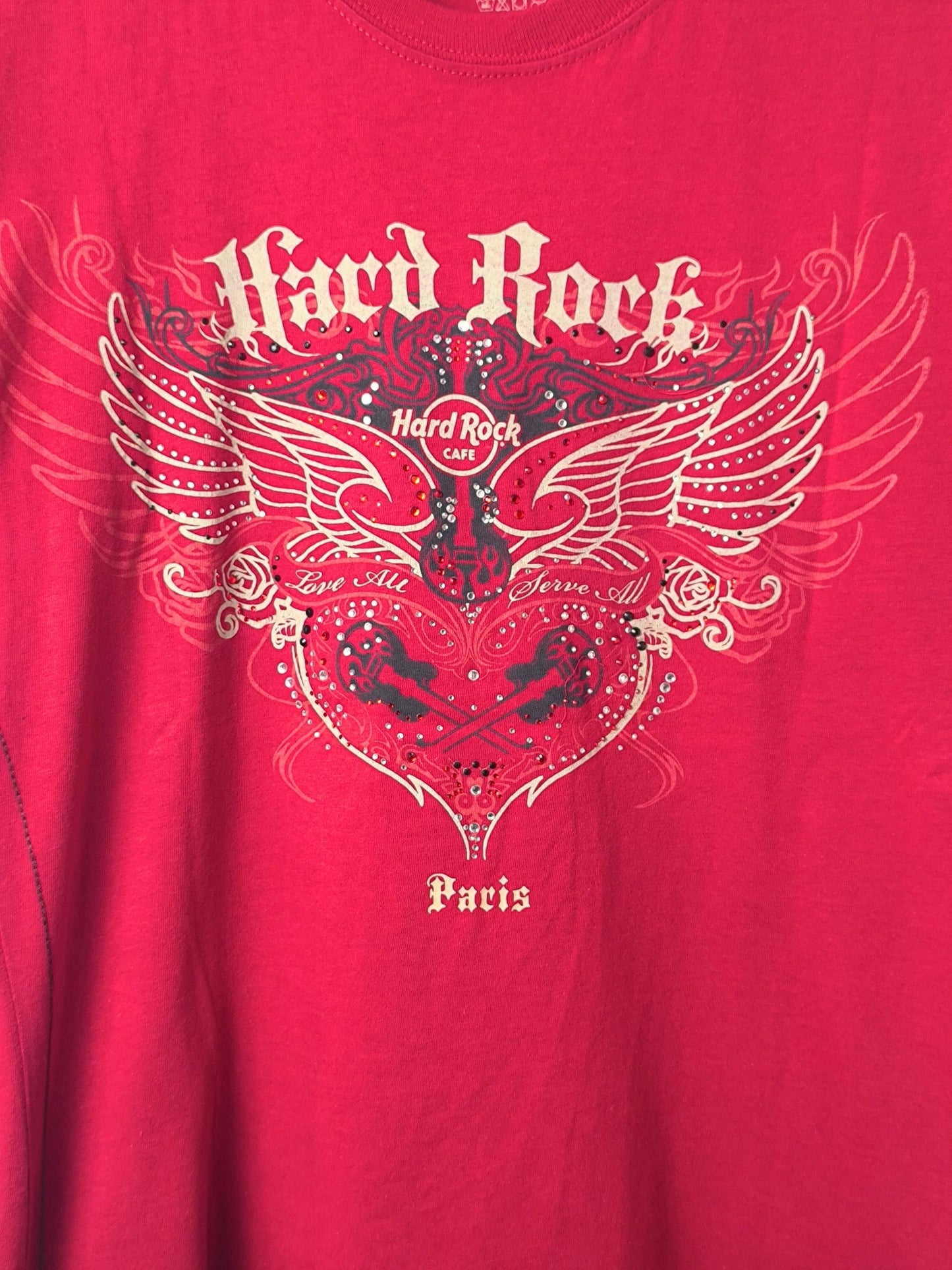 Y2K Hard Rock Café Paris T-Shirt – Red Cotton Tee with Rhinestones (Women’s L)