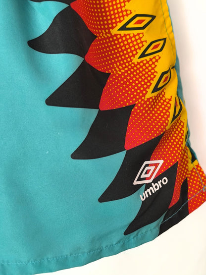 Retro Umbro Swim Shorts – Turquoise with Tribal Flame Print