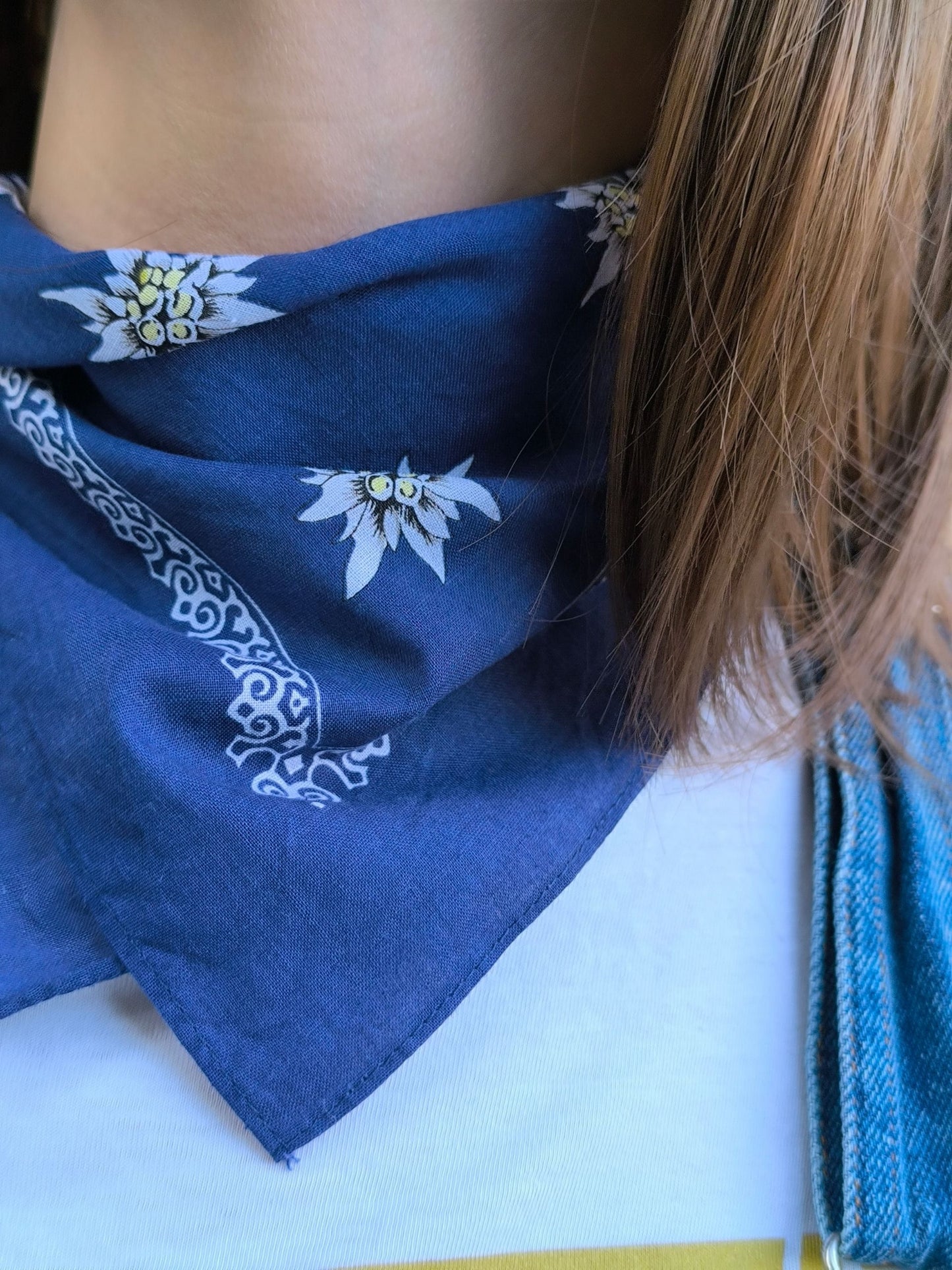 Vintage Blue Edelweiss Bandana – 100% Cotton