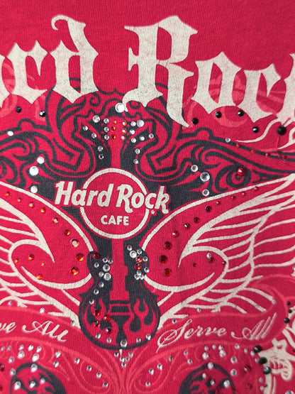 Y2K Hard Rock Café Paris T-Shirt – Red Cotton Tee with Rhinestones (Women’s L)