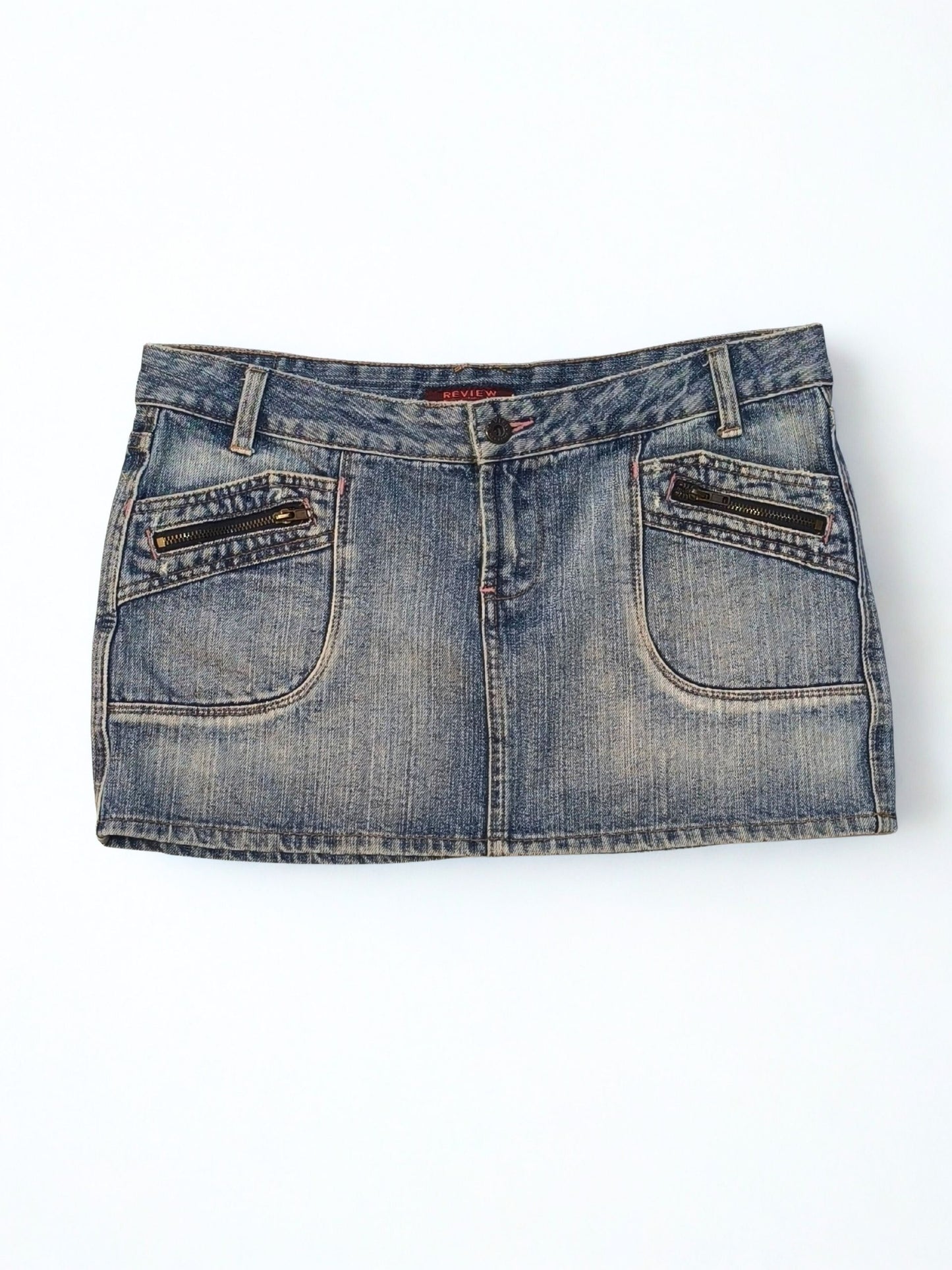 Y2K Low Rise Mini Denim Skirt "REVIEW Never Established"
