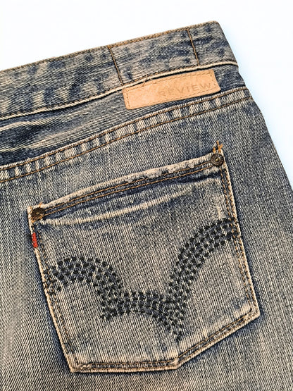 Y2K Low Rise Mini Denim Skirt "REVIEW Never Established"