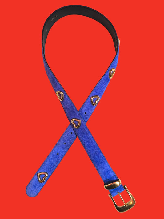 Vintage Cobalt Suede Belt with Heart Studs – Echt Leder, 80cm
