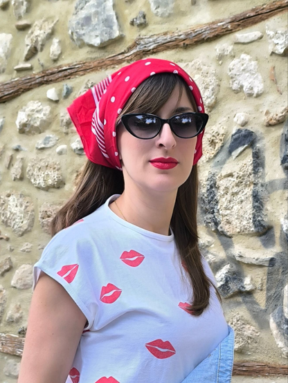 Vintage Red Polka Dot & Stripe Bandana – 100% Cotton