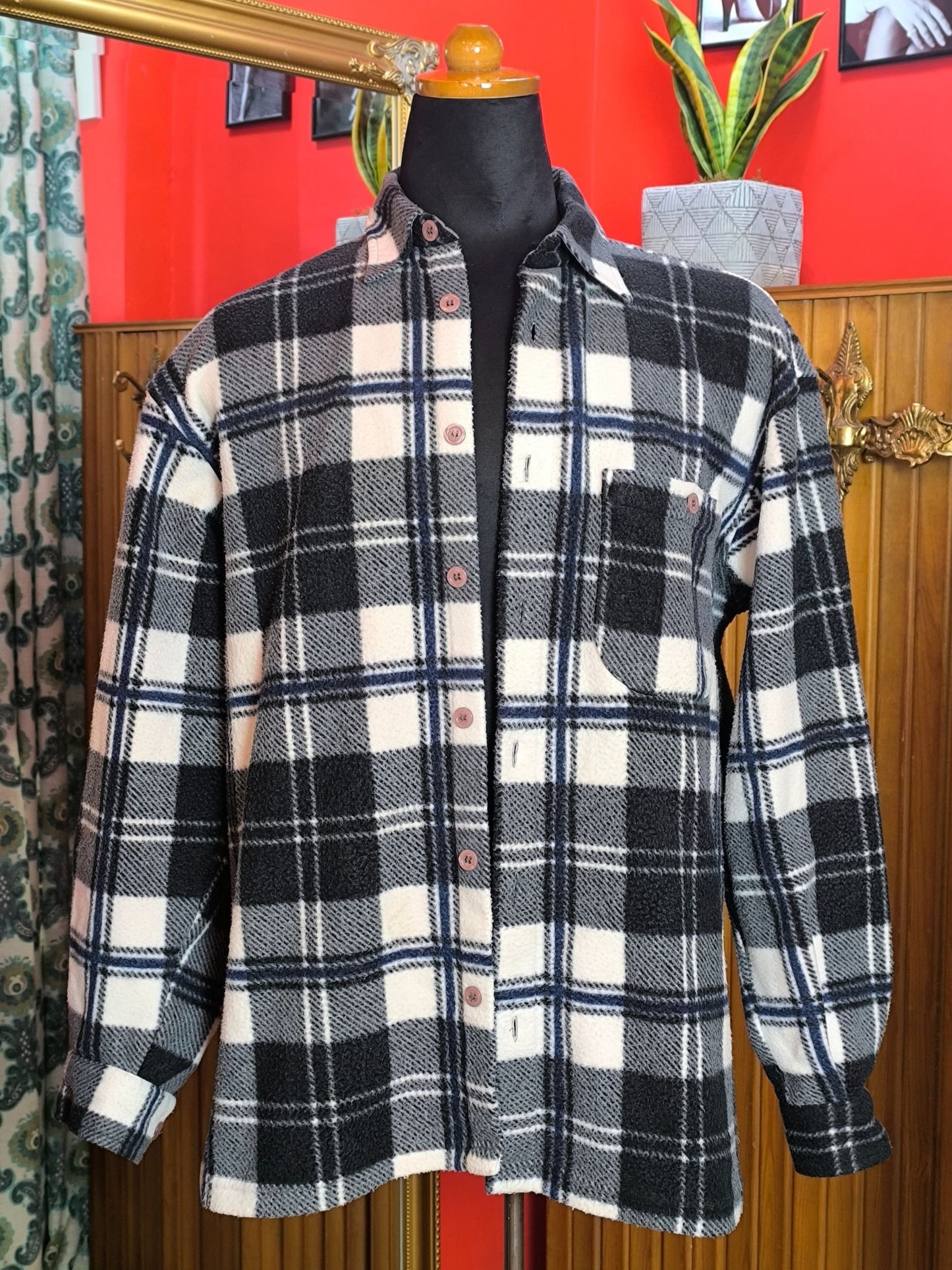 Vintage George G. Italian Check Fleece Shirt – Black, White & Blue