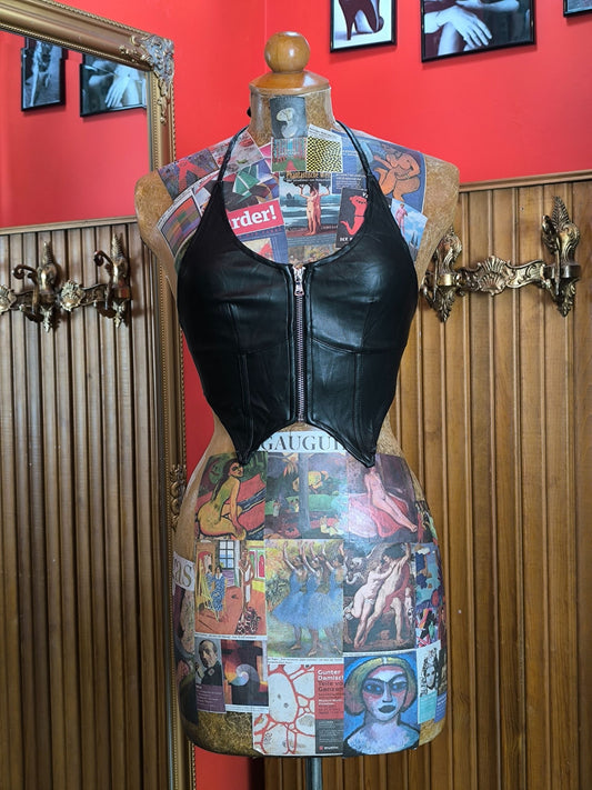 Y2K Tiger Mist Faux Leather Halter Corset Top – Black