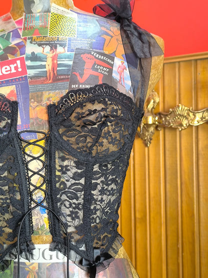 Y2K Black Sheer Lace Corset Top with Ribbon Straps