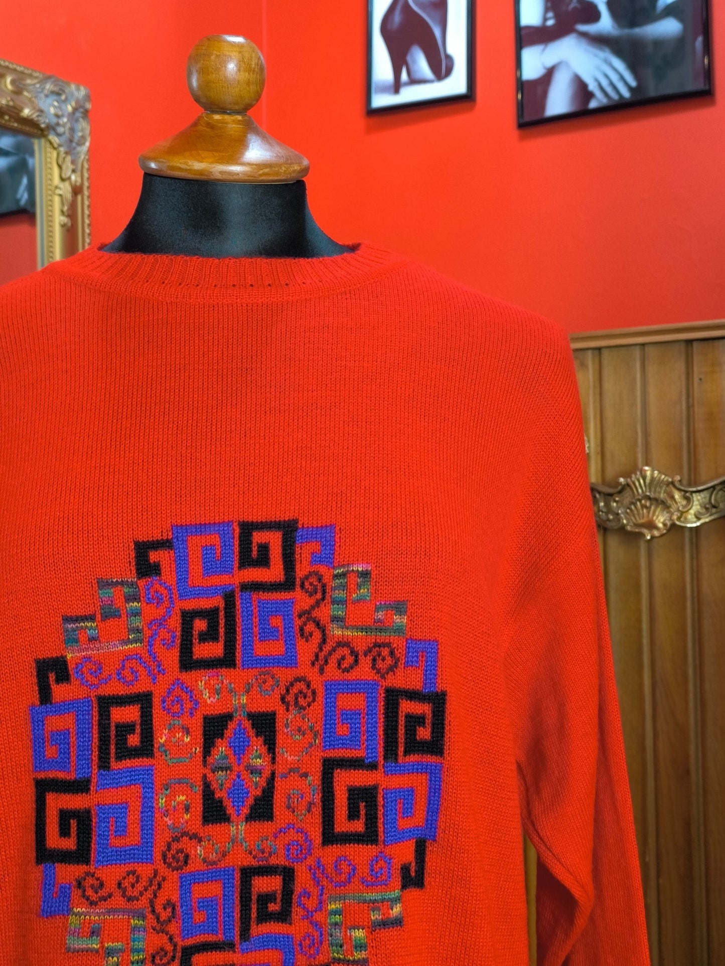 Vintage 70s Red Wool Blend Sweater Dress with Geometric Greek Key Pattern