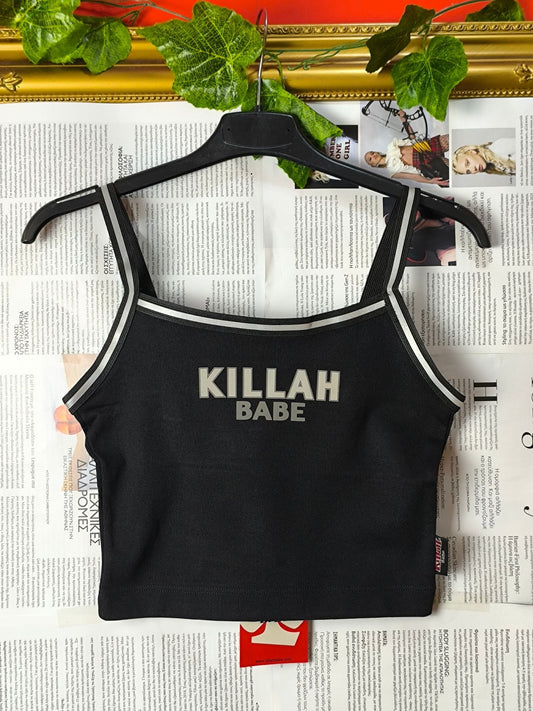 Deadstock Y2K Killah Babe Reflective Stripe Crop Tank Top - Black