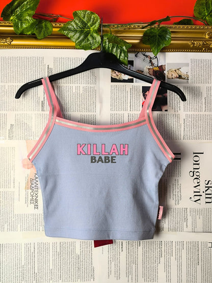 Deadstock Y2K Killah Babe Reflective Stripe Crop Tank Top - Light Blue