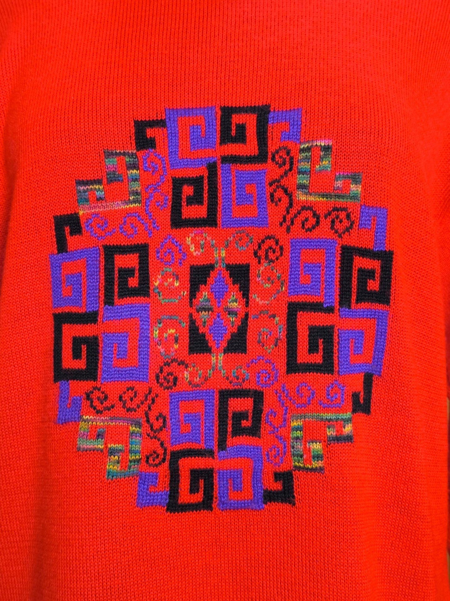 Vintage 70s Red Wool Blend Sweater Dress with Geometric Greek Key Pattern