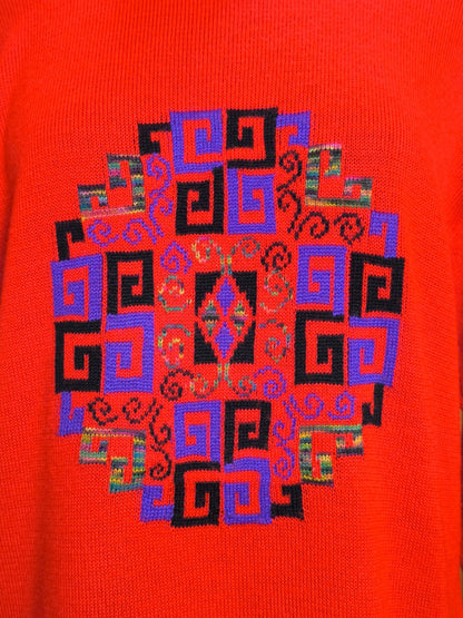 Vintage 70s Red Wool Blend Sweater Dress with Geometric Greek Key Pattern