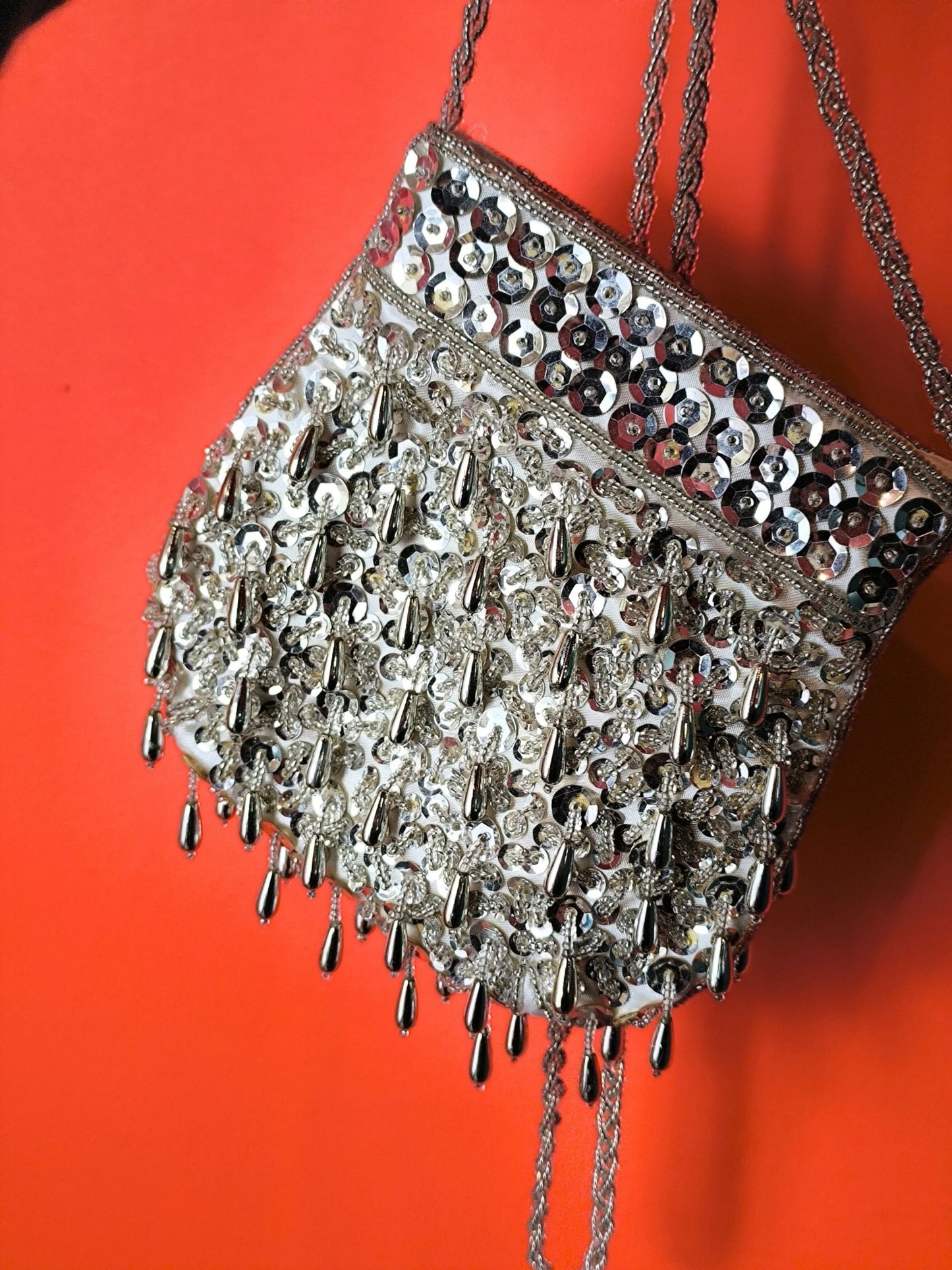 Vintage 1980s–1990s silver beaded evening bag