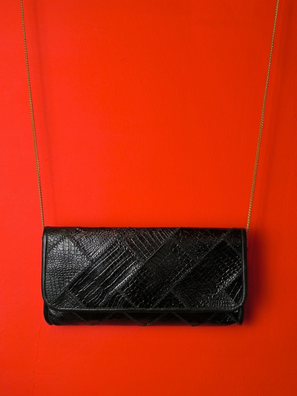 Vintage Black Snakeskin Leather Shoulder Bag