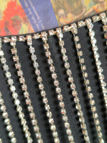 White Fox Black Corset Top with Rhinestone Fringe