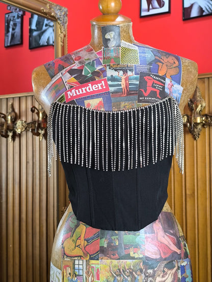 White Fox Black Corset Top with Rhinestone Fringe