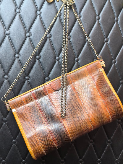 Vintage Leather Python-Style Shoulder Bag with Silver-Tone Chain