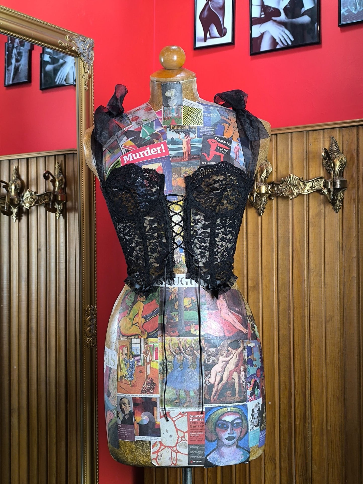 Y2K Black Sheer Lace Corset Top with Ribbon Straps