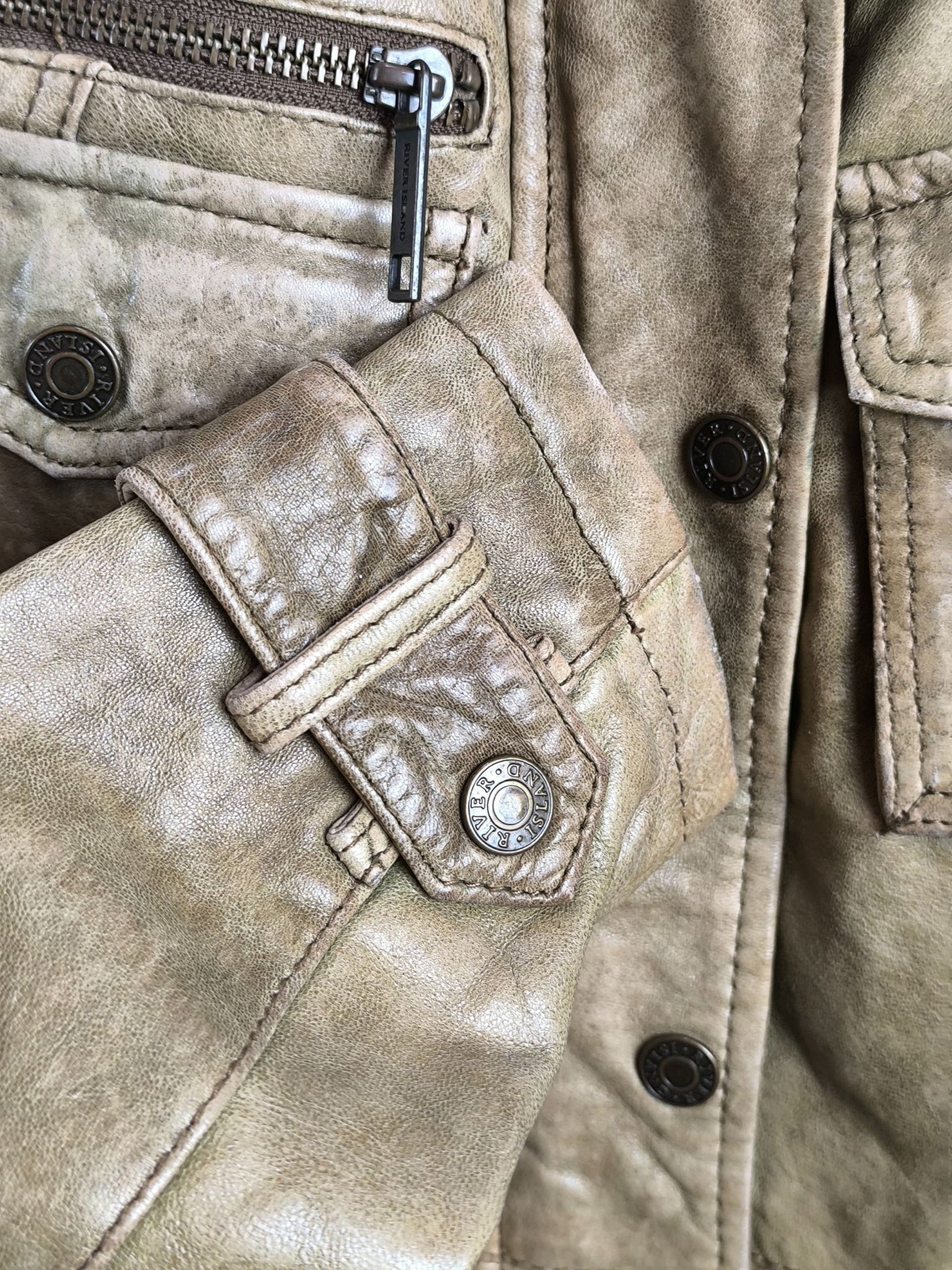 River Island Y2K Real Leather Biker Jacket – Beige Distressed – UK 8 / EU 34 /Small