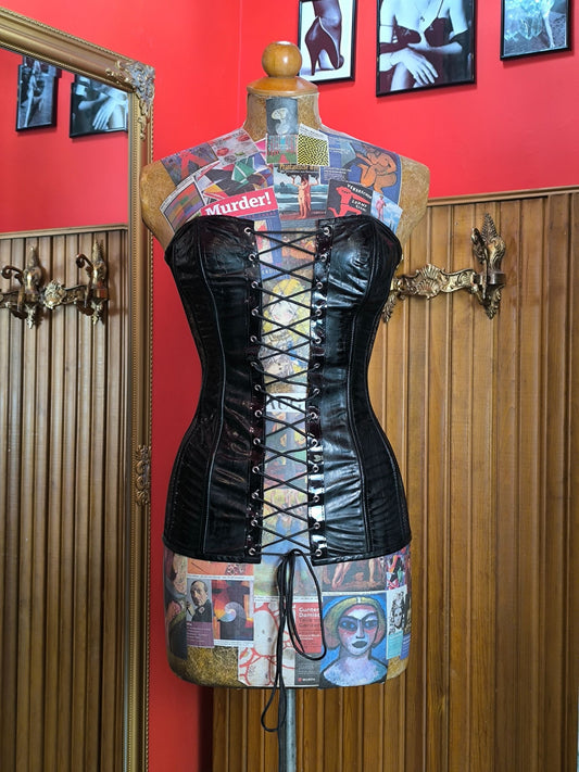 Y2K Black Level Corset Top — PVC & Mesh Lace-Up Design