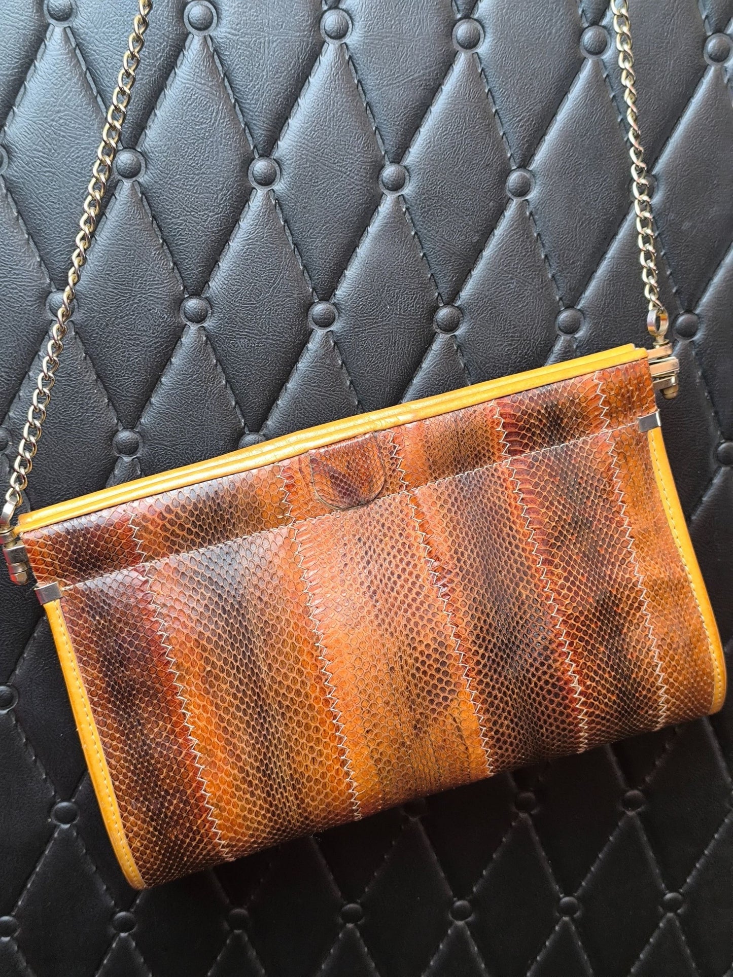 Vintage Leather Python-Style Shoulder Bag with Silver-Tone Chain