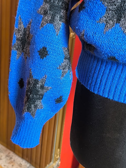 Vintage Blue Wool Blend Sweater with Star Pattern