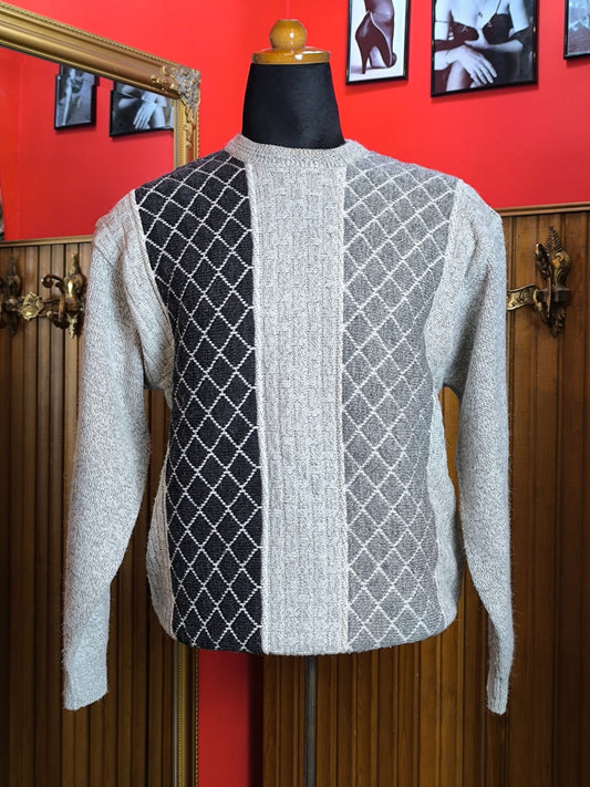Vintage C&A Canda Geometric Knit Sweater – Grey & Black Pattern