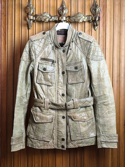 River Island Y2K Real Leather Biker Jacket – Beige Distressed – UK 8 / EU 34 /Small