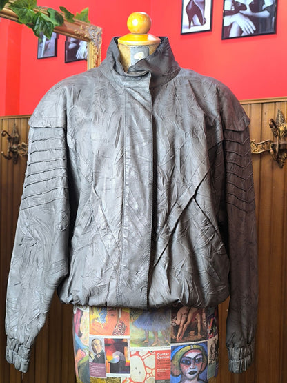 Vintage 80s/early 90s Betty Barclay Women's Grey Genuine Leather Bomber Jacket