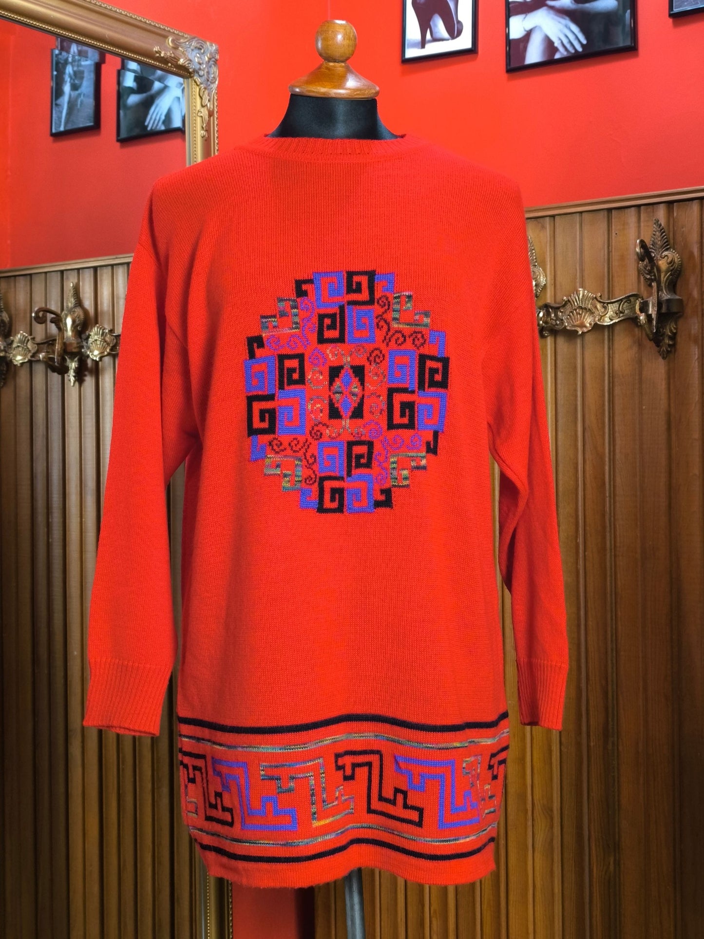 Vintage 70s Red Wool Blend Sweater Dress with Geometric Greek Key Pattern