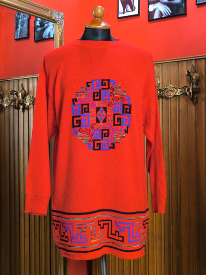 Vintage 70s Red Wool Blend Sweater Dress with Geometric Greek Key Pattern