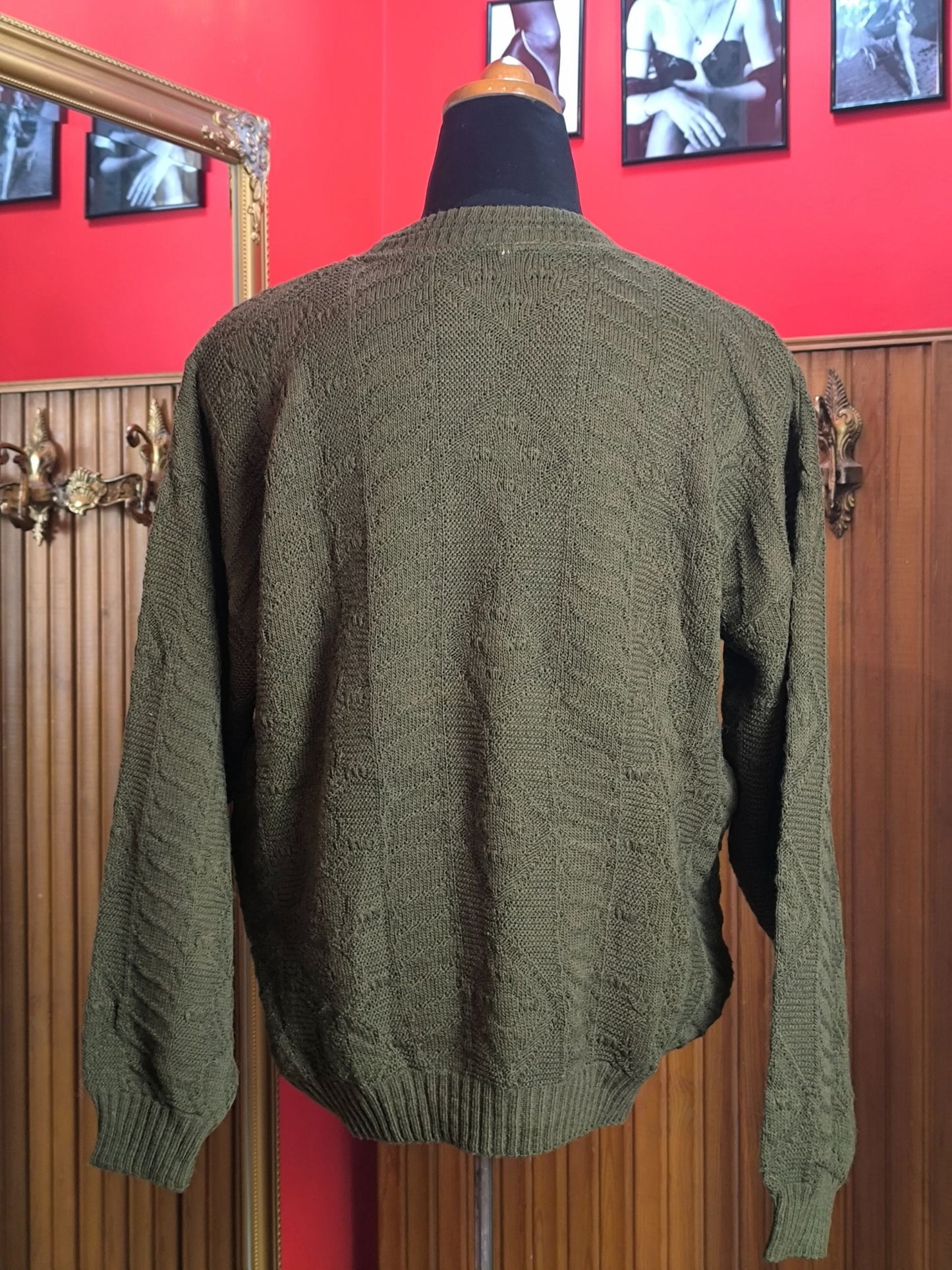 Vintage Italian Wool Blend Sweater – Olive Green Geometric Knit