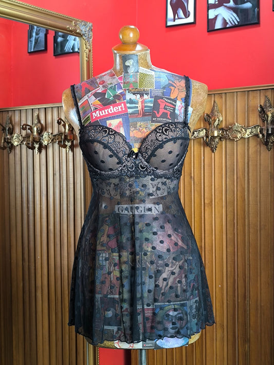 Y2K Bras N Things Sheer Polka Dot Babydoll Lingerie with Lace Detail
