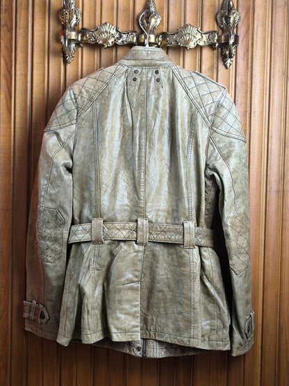 River Island Y2K Real Leather Biker Jacket – Beige Distressed – UK 8 / EU 34 /Small