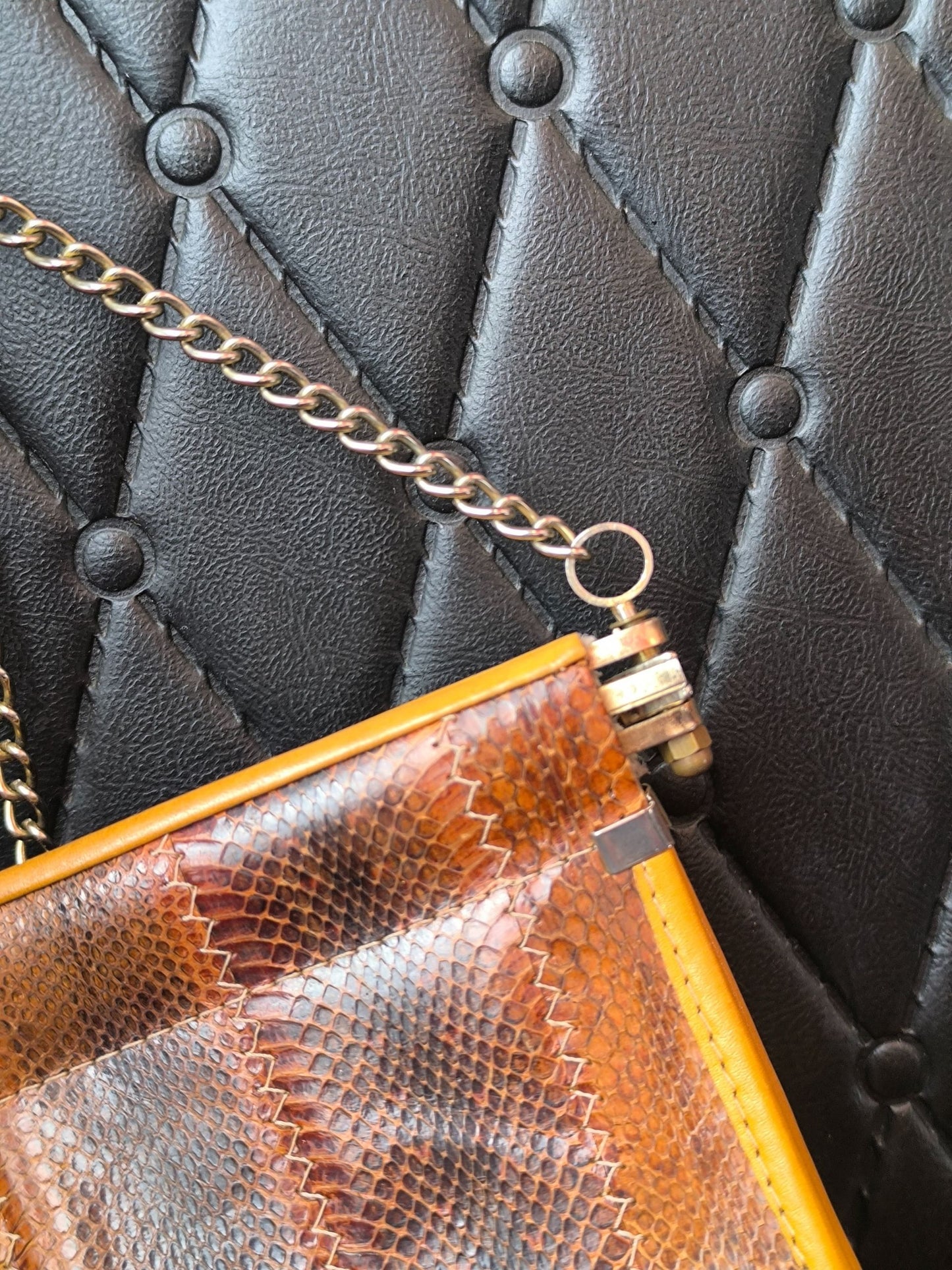 Vintage Leather Python-Style Shoulder Bag with Silver-Tone Chain