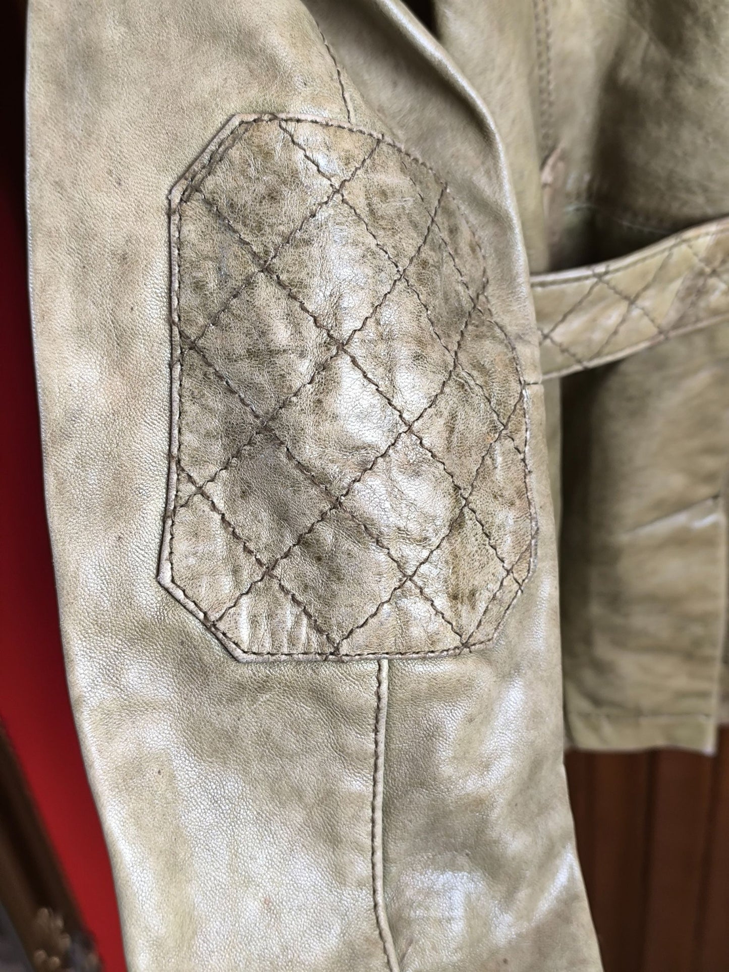 River Island Y2K Real Leather Biker Jacket – Beige Distressed – UK 8 / EU 34 /Small