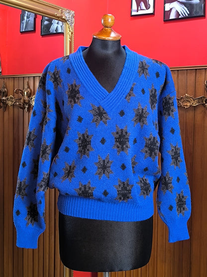Vintage Blue Wool Blend Sweater with Star Pattern