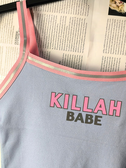 Deadstock Y2K Killah Babe Reflective Stripe Crop Tank Top - Light Blue