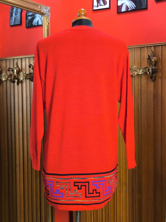 Vintage 70s Red Wool Blend Sweater Dress with Geometric Greek Key Pattern
