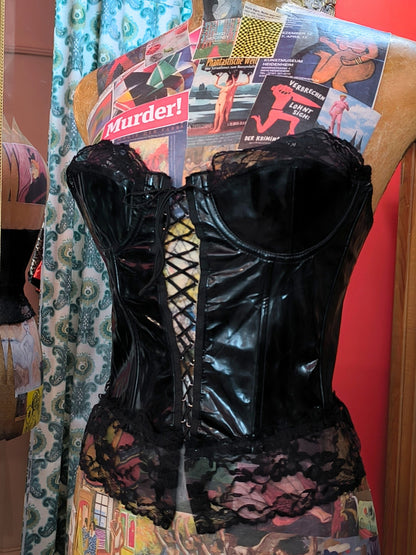 Early 2000s Hanky Panky Black PVC Lace-Up Corset Top
