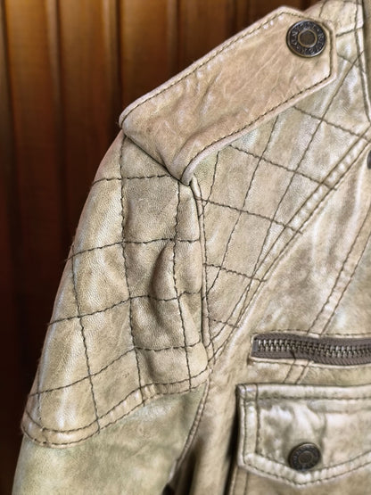 River Island Y2K Real Leather Biker Jacket – Beige Distressed – UK 8 / EU 34 /Small