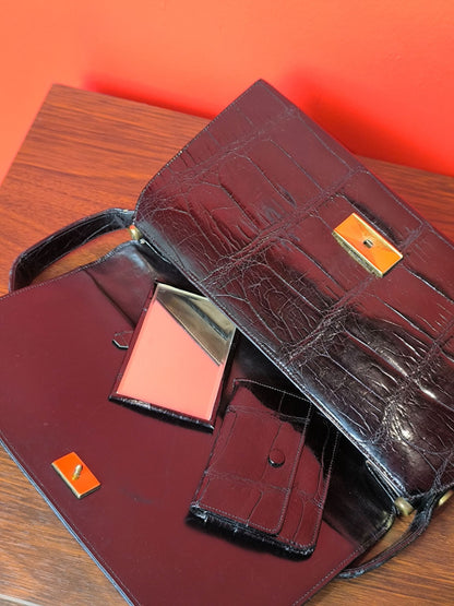 Vintage Comtesse Modell Black Croc-Embossed Leather Handbag | 1950s–60s