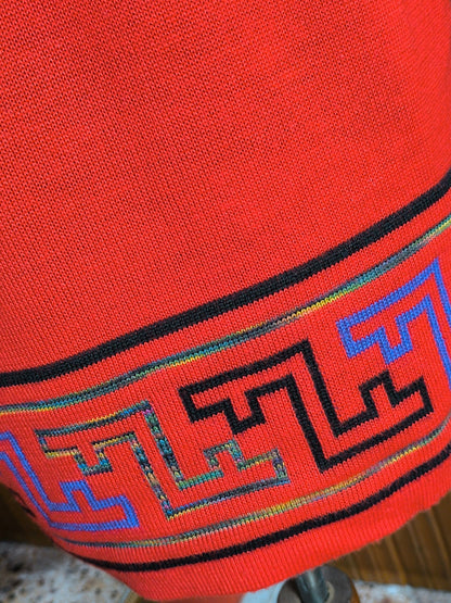 Vintage 70s Red Wool Blend Sweater Dress with Geometric Greek Key Pattern