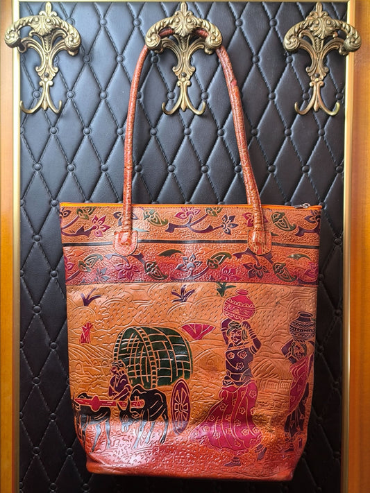 Vintage Handcrafted Embossed Leather Tote Bag