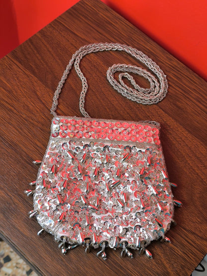 Vintage 1980s–1990s silver beaded evening bag